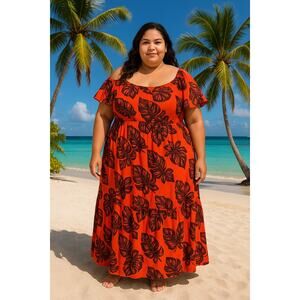 Sofia jeans XXXL tropical leaf print orange tiered dress with flutter sleeve